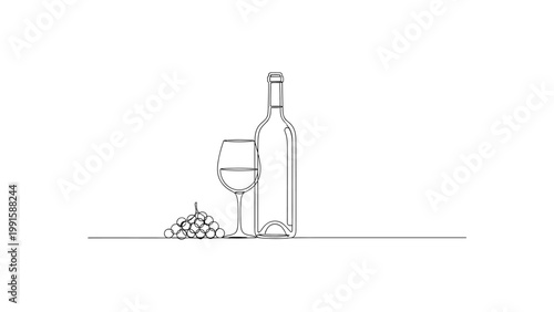 Minimalist Line Art of Wine Bottle Glass and Grapes.. Continuous line style. Hand drawn. Line art. Vector design. illustration