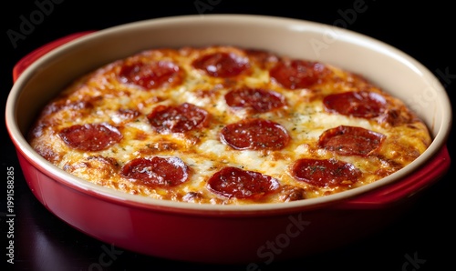 A round pepperoni pizza placed perfectly in the centre of a red shallow roasting pan