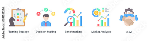 Kaizen strategy icon set featuring decision making,planning,and market analysis concepts.Strategic icon set for business planning,analysis,benchmarking,and customer management.