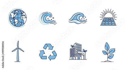 Eco-Friendly Symbols: A collection of illustrative icons representing various aspects of environmental conservation and sustainable living, including the earth, waves, solar energy, wind turbine.