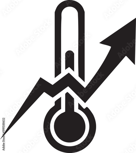 Rising temperature thermometer icon with upward graph arrow, indicator
