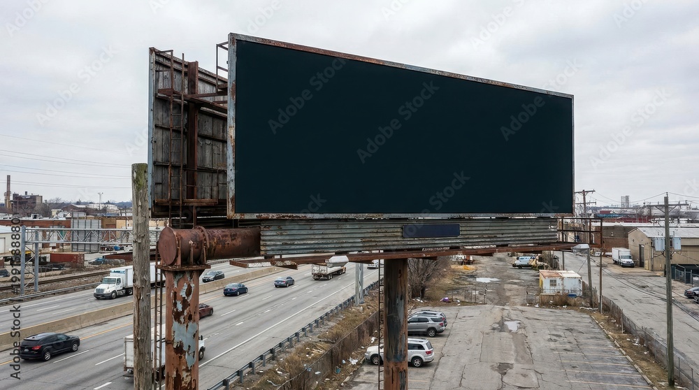 Obraz premium Blank billboard overlooking a highway with cars and urban area