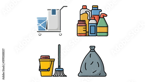 Cleaning Supplies Collection: A comprehensive compilation of cleaning essentials, including cleaning chemicals, a utility cart, mop, a trash bag, and bucket.