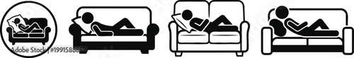 A simple black and white icon depicting a person lying down on a couch with a pillow set.
