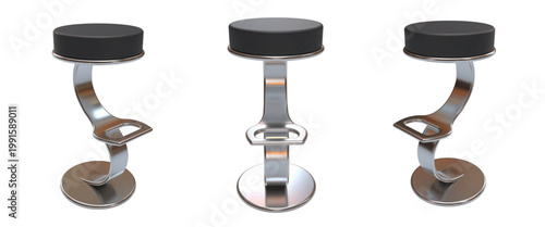 Modern S-shaped bar stool set with chrome finish and round black seat. Sleek minimalist design for contemporary kitchens and bars. High-quality 3D render, isolated on white. Multiple angles.
