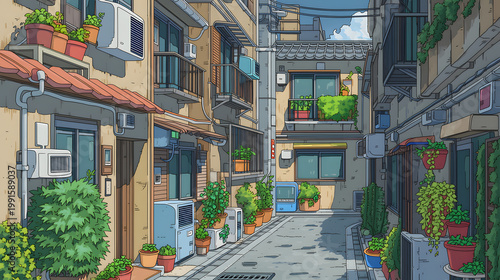 Charming Urban Alleyway: A Lush Oasis of Green Space Meets Contemporary Architecture in a Cozy Neighborhood Setting