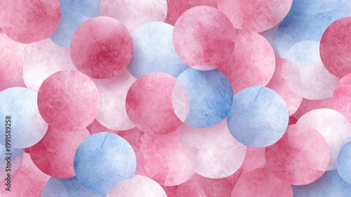 Overlapping circles rendered in soft pink and pale blue watercolor form an abstract background pattern