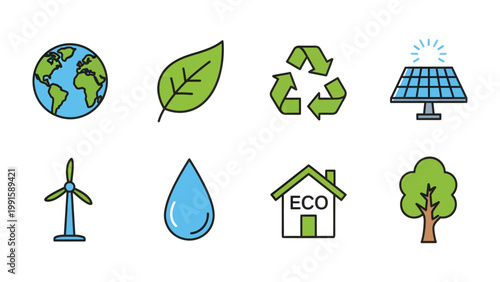 Environmental Icons: Collection of vibrant icons that highlight key elements in environmental conservation. Including a solar panel, globe, wind turbine, leaf, water drop, recycle symbol, eco house.