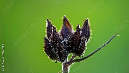 Dried Dark Seed Pods Macro Photograph With Hairy Texture And Rim Lighting On A Stem Against A Blurred Green Garden Background Botanical Study