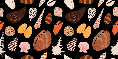 Seashells seamless pattern dark background, starfish, nautilus, crab, coral, sea urchin, ocean creatures repeat texture fabric print