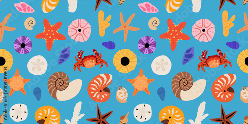 Seashells seamless pattern dark background, starfish, nautilus, crab, coral, sea urchin, ocean creatures repeat texture fabric print