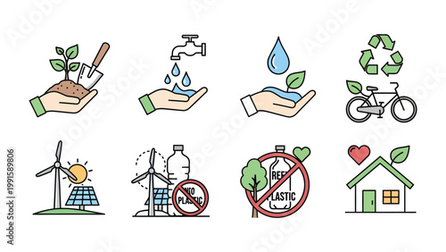 Eco-Friendly Icons: A collection of illustrative icons showcasing diverse elements crucial for sustainability, symbolizing nature conservation and environmental protection.