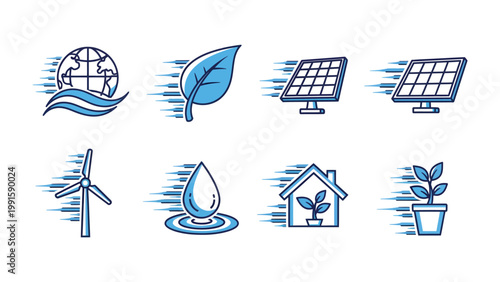 Eco-Friendly Icons: A collection of clean, blue icons, showcasing renewable energy sources and environmental conservation, representing sustainability and the future of our planet.
