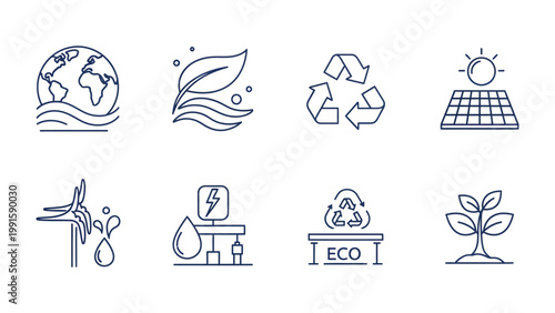 Eco-Friendly Energy Icons: A collection of minimalist line icons representing sustainable energy and environmental conservation. Symbols for earth, water, recycling, solar panels, wind power.