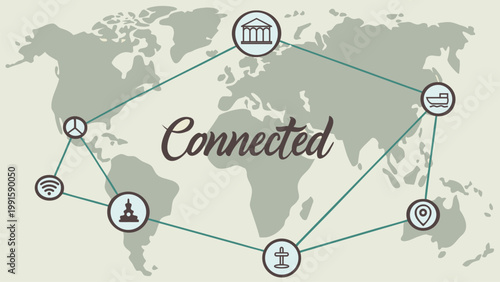 Vector illustration of world map with connection nodes. Global communication, international data network, logistics connection, digital technology, business partnership, and worldwide concept.