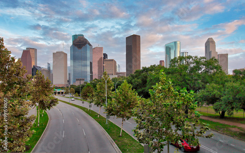 Houston, Texas, USA park and downtown skyline.