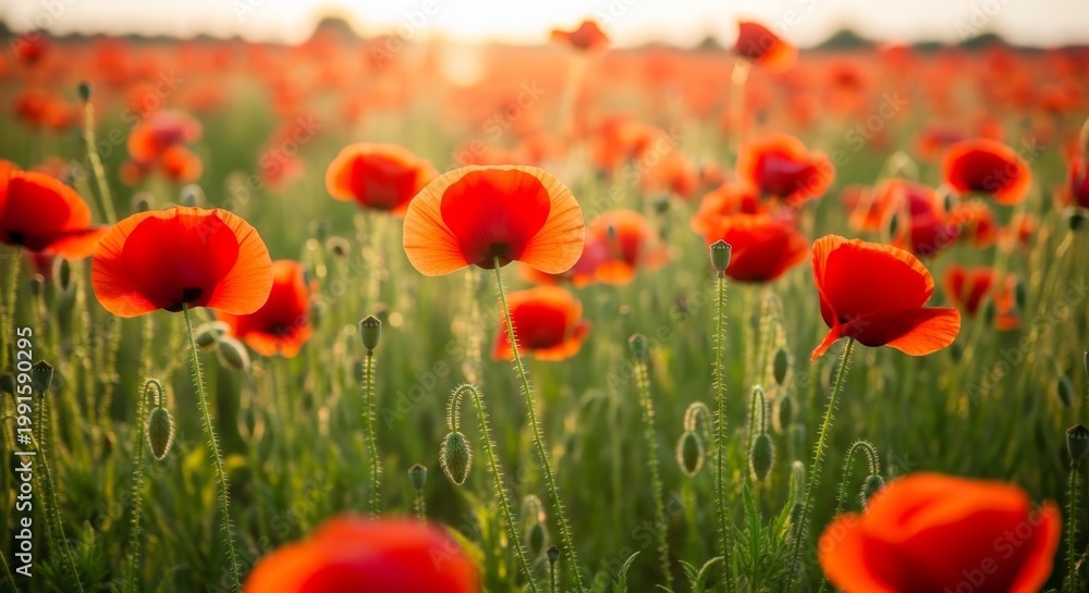 Fototapeta premium Red Poppies Swaying in a Sunny Summer Field