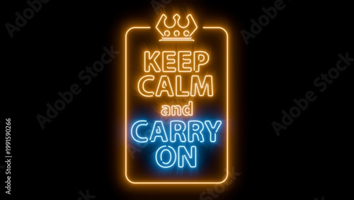 Quadro em tela Keep calm and carry on vibrant glowing neon sign on black background for easy bl