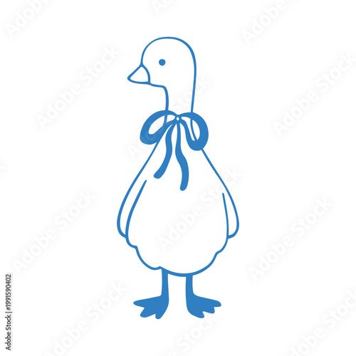 Silly goose with a flirty bow in outline modern sketch style. Easter spring cute illustration. Cottagecore farm animal. Whimsical decorative blue clip art. Line art vector illustration