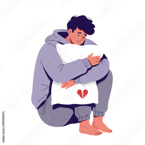 Sad young man hugging a pillow with a broken heart symbol, symbolizing heartbreak and emotional pain, illustration