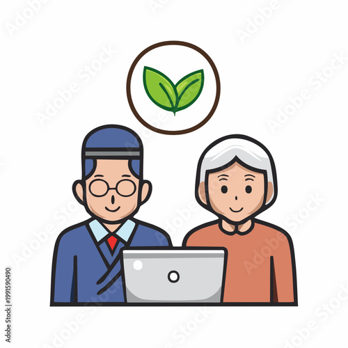 Elderly couple using laptop with green leaf icon