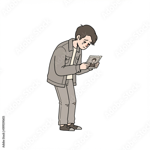 A man dressed in a casual grey outfit is holding a framed photograph and appears to be crying, conveying a sense of sadness and remembrance