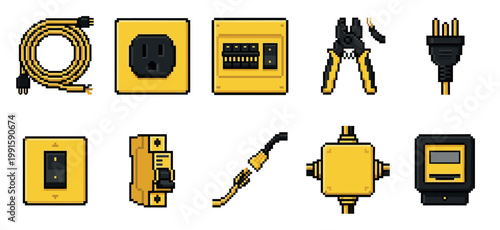 A collection of pixel art icons representing various electrical components like a power cord, outlet, breaker box, pliers, plug, switch, fuse, junction box and meter.