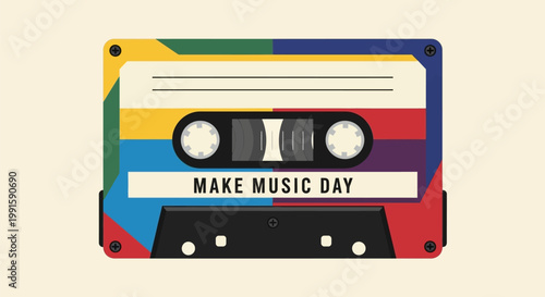 Colorful vintage audio cassette tape with Make Music Day text label.