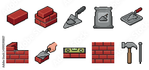 A collection of pixel art icons illustrating bricklaying tools, bricks, and construction elements, ideal for websites, apps, and design projects.