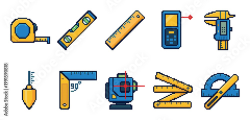 A collection of pixel art icons representing various measurement tools, including a tape measure, level, ruler, laser measurer, caliper, plumb bob, square, and protractor, set against.