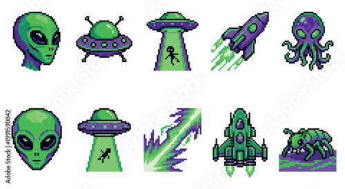 A collection of pixel art graphics featuring aliens, UFOs, rockets, a spaceship, an octopus creature, and a bug creature in green and purple tones, ideal for retro games or sci-fi themes.