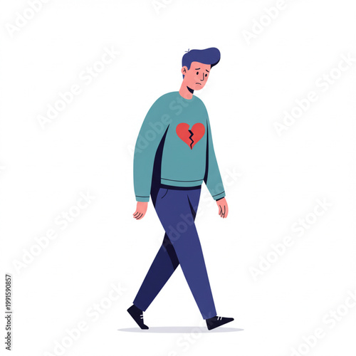 A melancholic young man with a visible broken heart walks slowly, embodying feelings of profound sadness, emotional pain, and personal heartache