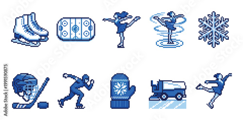 A collection of blue pixel art icons featuring ice skating elements like skates, hockey equipment, figure skaters, a snowflake, and a Zamboni on a white background.