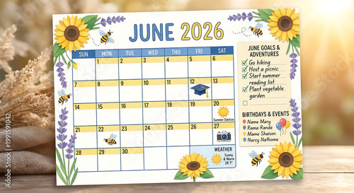 A bright summer calendar page for June 2026 featuring sunflower and lavender illustrations with bees. Includes a checklist for goals and birthdays on a wooden surface with soft sunlight.