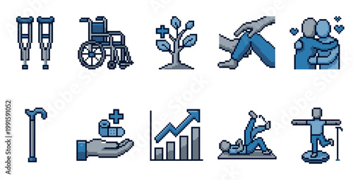A collection of stylized pixel art icons representing various medical and healthcare themes, including mobility aids, growth, and patient care.