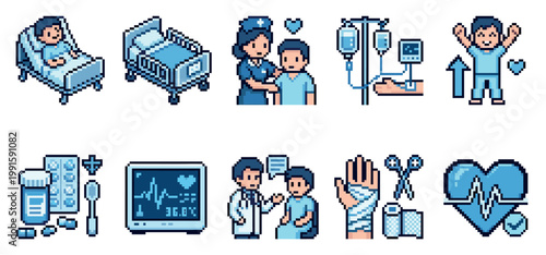 A collection of pixel art icons depicting hospital care, medical procedures, and health symbols in a cohesive blue color palette.
