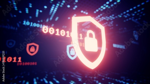 Binary code and security shields flying through a futuristic digital data stream