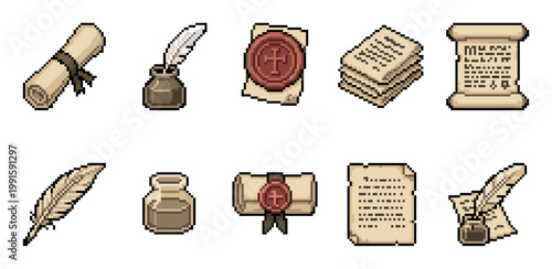 A collection of pixel art icons featuring scrolls, documents, inkwells, and quill pens, evoking a sense of history and writing.