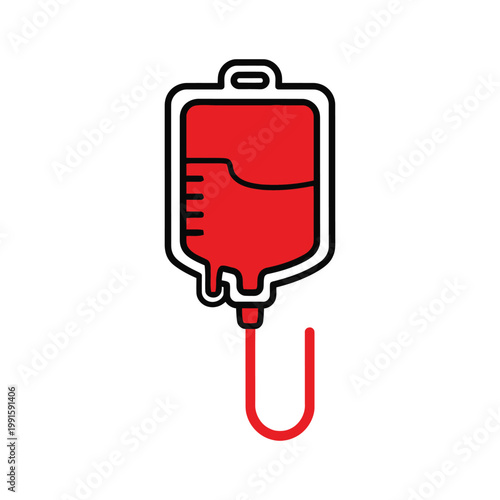 Iconographic representation of a blood bag filled with red fluid, symbolizing donation and medical treatment, isolated on a white background