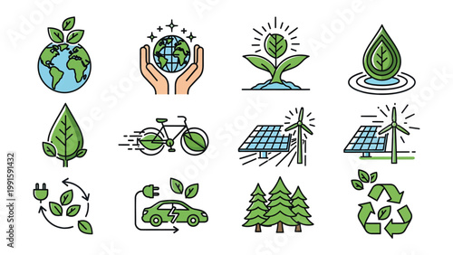 Eco-Friendly Icons: A vibrant collection of eco-friendly icons, illustrating themes of environmental sustainability, and green initiatives.