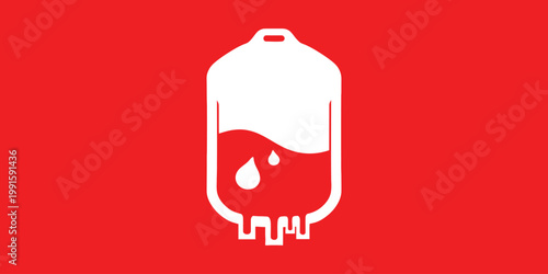 Symbol of medical aid and health care, a blood bag icon representing donation and transfusion on a red background