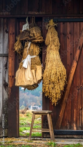 Dried Herbal Bundles And Flax Hanging On A Rustic Wooden Barn Wall With A Vintage Stool In A Rural Farm Setting During Autumn Harvest