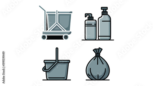 Housekeeping Essentials Illustrated: A set of essential cleaning supplies, expertly illustrated to convey the essence of cleanliness and order. Featuring a bin on a wheeled cart.