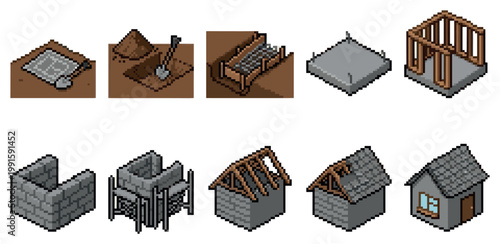 This isometric pixel art illustration displays the step-by-step process of constructing a house, from laying the foundation to the final roof.