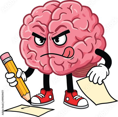 Angry pink brain cartoon character holding a yellow pencil and writing on a piece of paper while wearing red sneakers and white gloves
