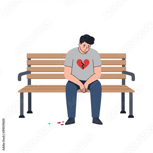 Man with broken heart sitting alone on a bench, feeling sad and lonely after a breakup