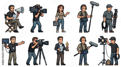 A diverse pixel art collection features a film director, cameraman, sound engineer, and other movie production professionals, ready for use in various creative projects.