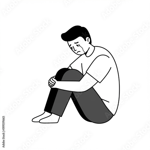 Illustration of a person sitting and crying, conveying feelings of sadness and distress, often associated with emotional struggles