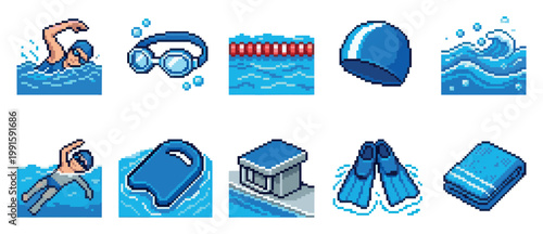 A pixel art collection of ten different icons related to swimming and aquatic sports, including swimmers, goggles, a pool lane, a cap, waves, and a towel.