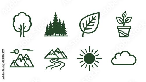 Eco Icons for Sustainable Living: A collection of minimalist illustrations, featuring elements of nature, conveys the essence of environmental conservation and eco-friendly practices.